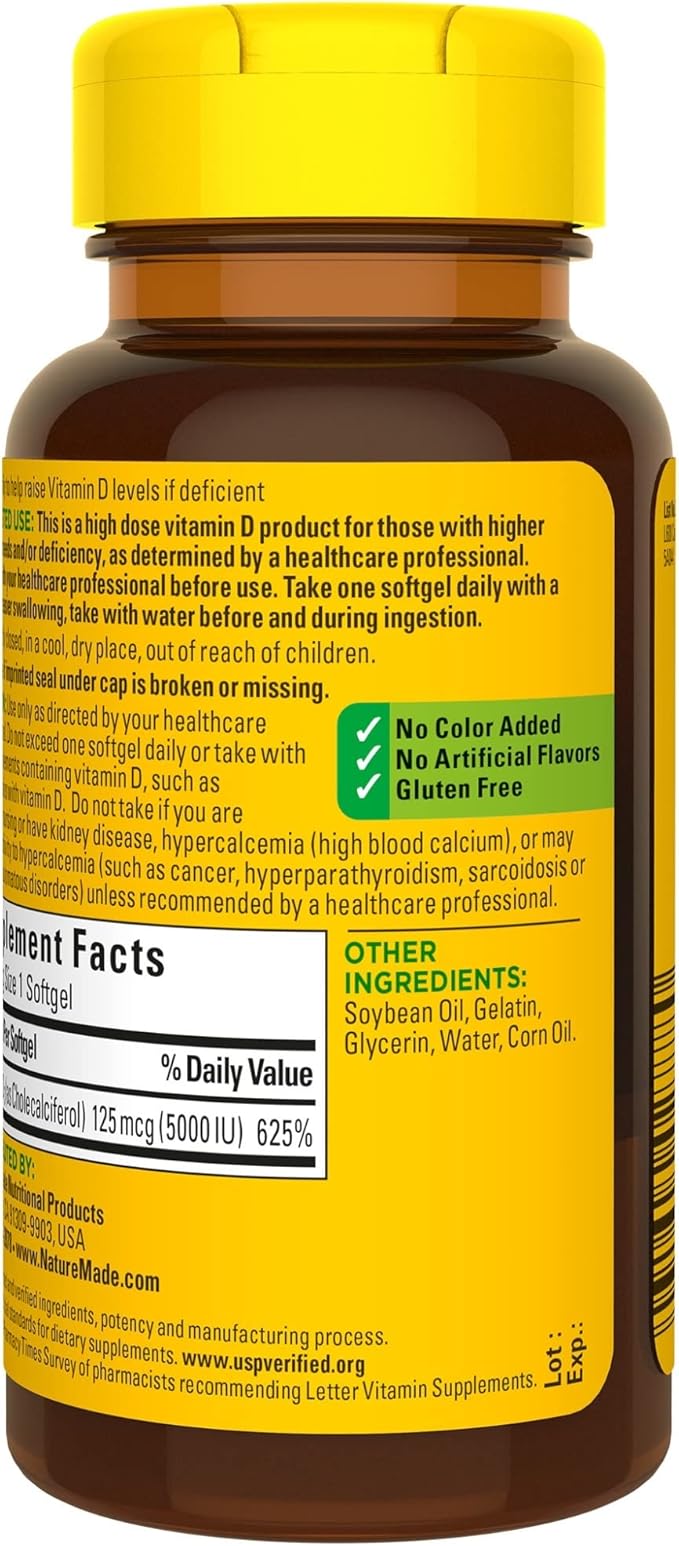 Nature Made Extra Strength Vitamin D3 5000 IU (125 mcg), Dietary Supplement for Bone, Teeth, Muscle and Immune Health Support, 180 Softgels, 180 Day Supply