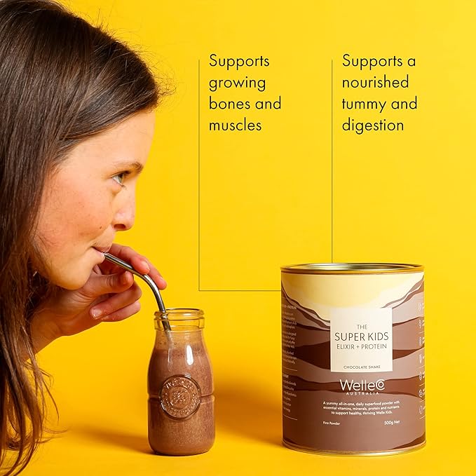 WelleCo The Super Kids Elixir Vegan Protein Powder Chocolate Shake with Prebiotics and Probiotics, Real Fruits & Veggies, Supports Cognitive Function, Immunity & Energy, for Kids Ages 4+, 17.6 oz Tin