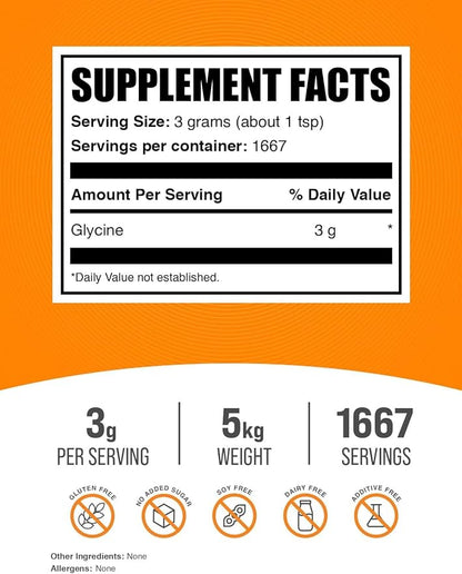 BulkSupplements.com Glycine Powder - Glycine Supplements, Glycine 3000mg - Glycine Amino Acid Supplement, Pure & Gluten Free - 3000mg per Serving, 5kg (11 lbs) (Pack of 5)