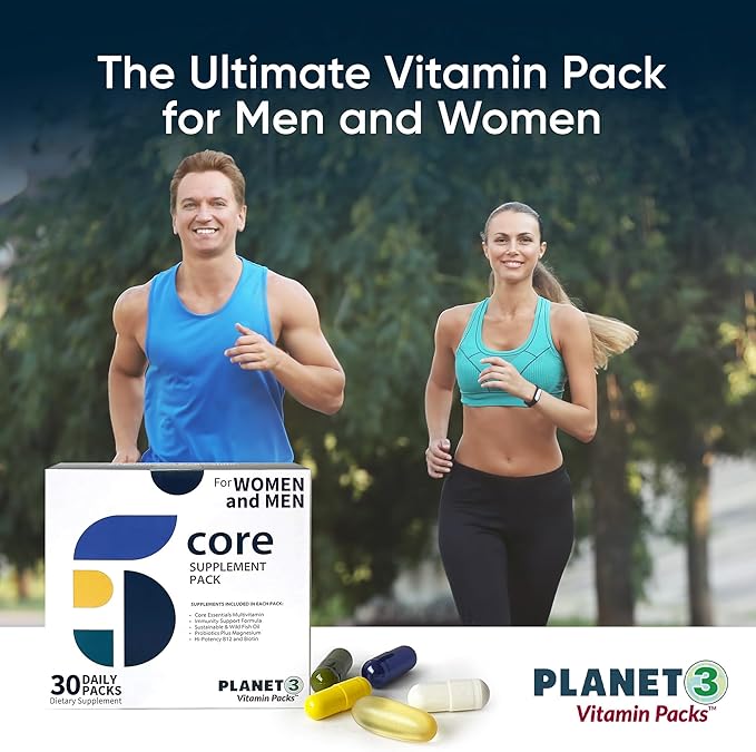 Planet 3 Vitamin Packs, Daily Vitamins for Immune, Energy, Heart & Vision Support | Multivitamins, Vitamin D, Probiotics, Omega 3, Methyl B12 | Core Supplements for Women and Men | 30 Daily Packs