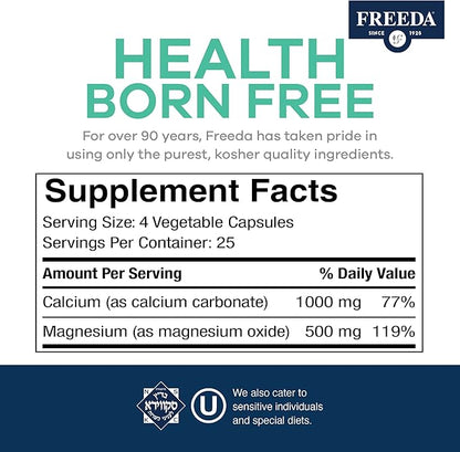 Freeda Super Cal/Mag Calcium Magnesium - Kosher Magnesium and Calcium Supplements for Women & Men - CalMag Bone & Joint Support - Vegetarian/Vegan Calcium and Magnesium Supplement - (250 Capsules)