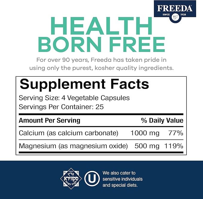 Freeda Super Cal/Mag Calcium Magnesium - Kosher Magnesium and Calcium Supplements for Women & Men - CalMag Bone & Joint Support - Vegetarian/Vegan Calcium and Magnesium Supplement - (100 Capsules)