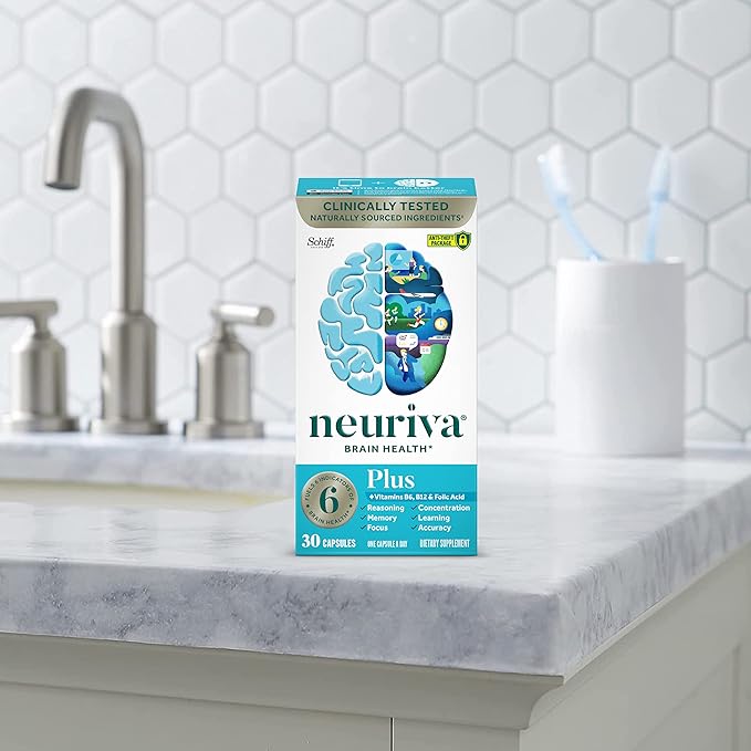 NEURIVA Plus Brain Supplement for Memory and Focus Clinically Tested Nootropics for Concentration for Mental Clarity, Cognitive Enhancement Vitamins B6, B12, Phosphatidylserine 30 Capsules