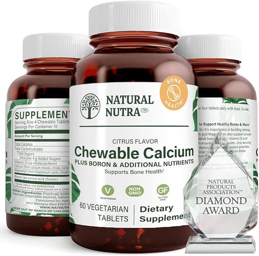 Natural Nutra Chewable Calcium Supplement for Bone Strength, Promotes Muscle Health, Maintain Teeth, Support Nerve Health, and Cardiovascular Health, 60 Tablets