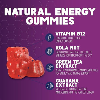 Energy Gummies Vitamin B12, Green Tea Natural Caffeine Support, Extra Strength 1000 mcg Daily Energy Vitamins, Delicious Berry Flavor Gluten Free Chewable Supplement for Cycling & Running - 120 Chews
