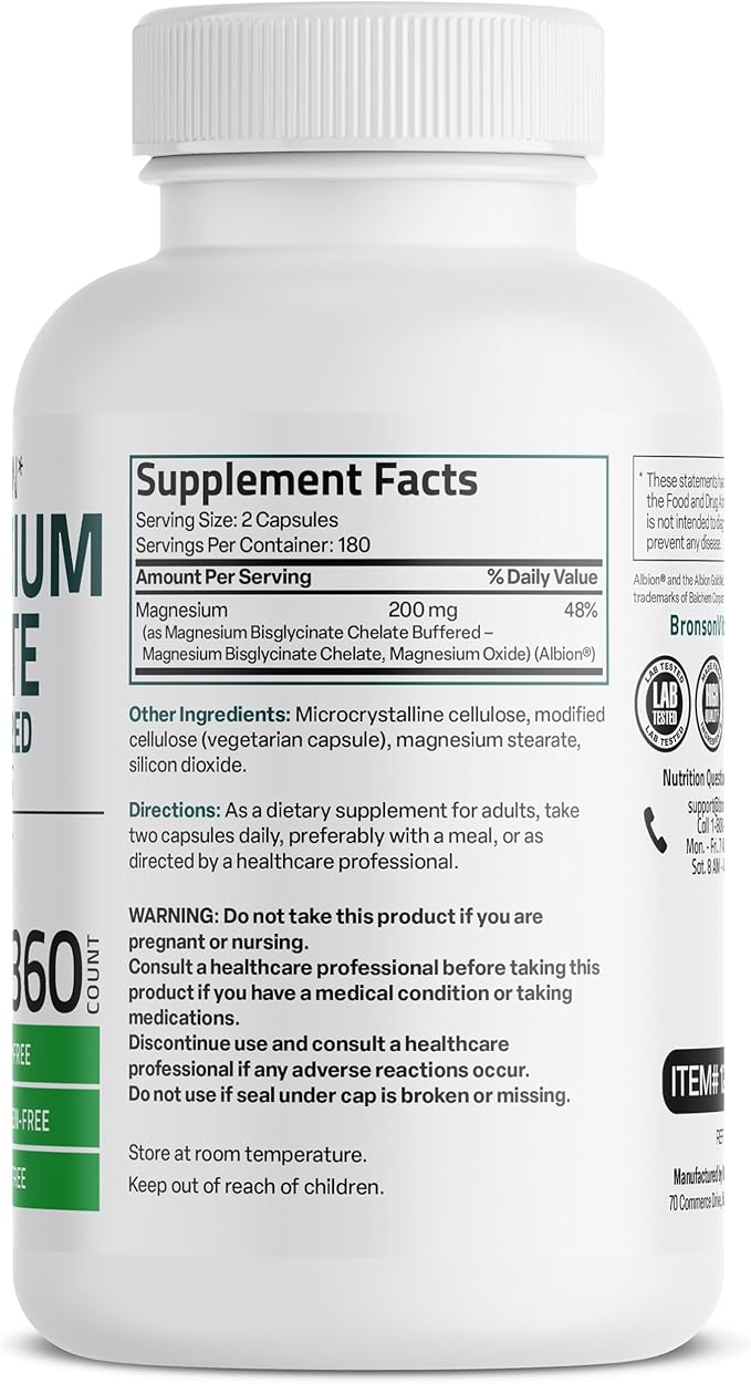 Bronson Magnesium Glycinate 200 MG per Serving Chelated for High Absorption, Gentle On Stomach, Non-GMO, 360 Vegetarian Capsules