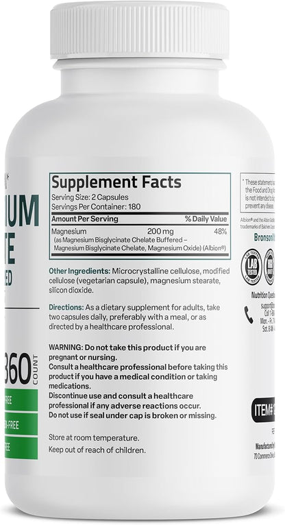 Bronson Magnesium Glycinate 200 MG per Serving Chelated for High Absorption, Gentle On Stomach, Non-GMO, 360 Vegetarian Capsules