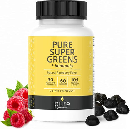 Super Greens Multivitamin Gummies for Men & Women - Adult Immune Support Gummies - 30 Superfoods Vegan Supplements - Natural Raspberry Flavor (60 Count)