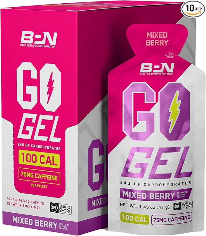 BARE PERFORMANCE NUTRITION, BPN Go Gel Endurance Gel Caffeinated, Vegan + Gluten Free Running Gel with 24g of Carbohydrates & 100 Calories per Gel Pack, 10 Single-Serving Gel Packs, Mixed Berry