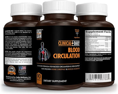 Clinical Daily Blood Circulation Supplements. Butchers Broom, Horse Chestnut, Hawthorn, Cayenne, Arginine, Diosmin Varicose Veins Treatment for Legs. Poor Circulation and Vein Support. 90 Capsules.