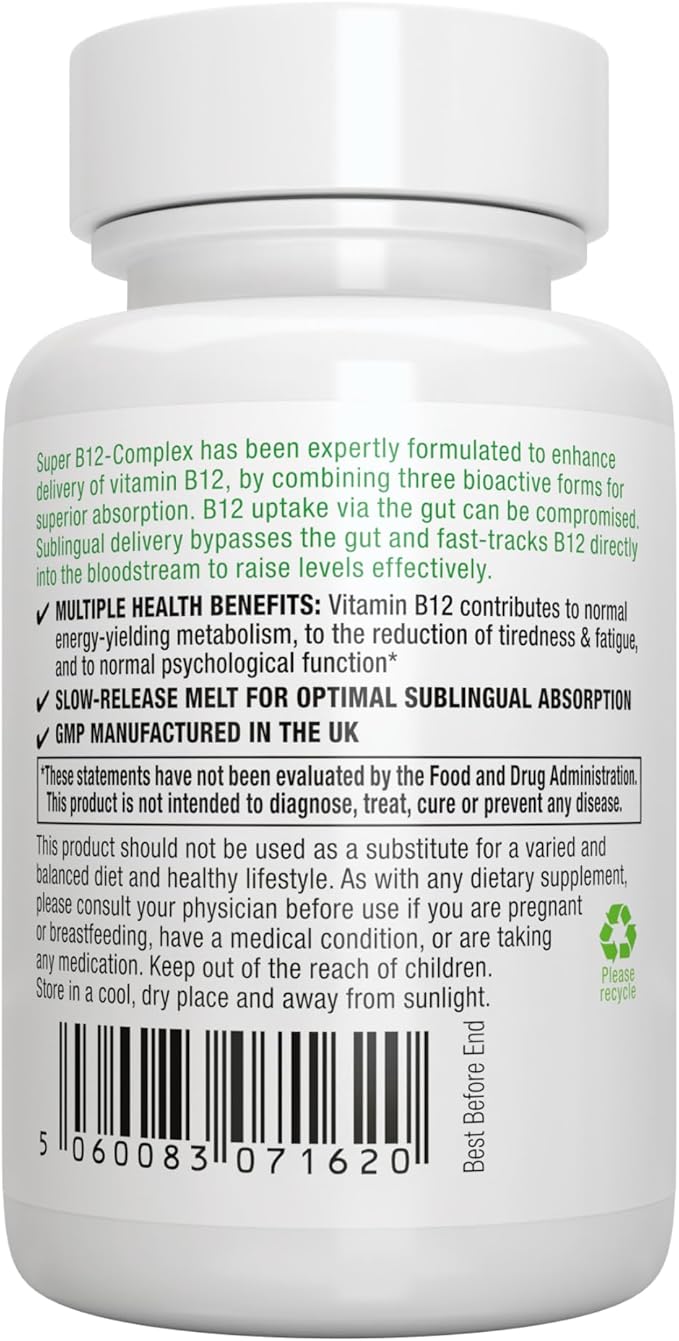 Super B12-Complex 1000mcg, Methylated Vitamin B12 Sublingual, Clean Label, Methylcobalamin, Adenosylcobalamin & Hydroxocobalamin, 180 Servings, High Absorption Sugar-Free Melts, Vegan, by Igennus