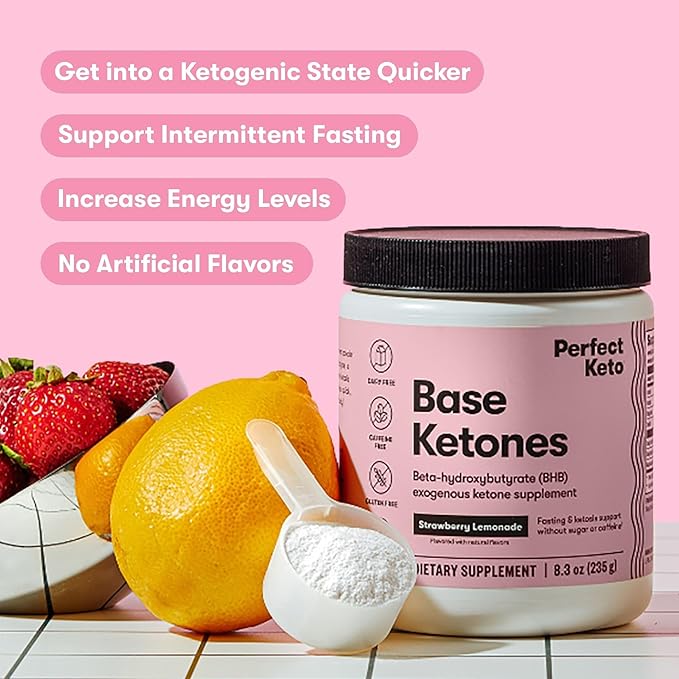 Perfect Keto Exogenous Ketones Powder, BHB Salts Supplement for Ketosis & Fasting, Electrolytes for Hydration, Caffeine Free Energy, Keto Diet, Focus & Workout Support, Strawberry Lemonade, 8.57 oz