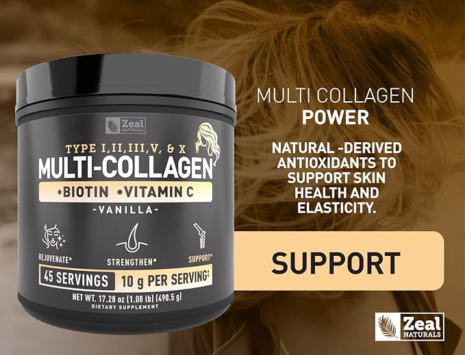 Premium Multi Collagen Peptides Protein Powder (1, 2, 3, 5 & 10) with Vitamin C, Biotin, Hyaluronic Acid, for Hair Skin and Nails - Marine, Bovine, Chicken & Eggshell (Vanilla, 45 Servings)
