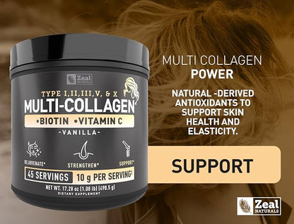 Premium Multi Collagen Peptides Protein Powder (1, 2, 3, 5 & 10) with Vitamin C, Biotin, Hyaluronic Acid, for Hair Skin and Nails - Marine, Bovine, Chicken & Eggshell (Vanilla, 45 Servings)