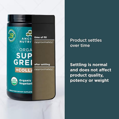 Ancient Nutrition Supergreens Powder, Organic Superfood Powder with Collagen, Made from Real Fruits, Vegetables and Herbs, for Digestive and Energy Support, 25 Servings, 7.5oz