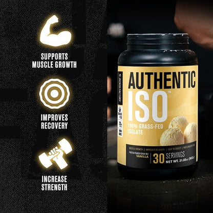 Jacked Factory Authentic ISO Grass Fed Whey Protein Isolate Powder - Low Carb, Non-GMO Muscle Building Protein w/No Fillers, Mixes Perfectly for Post Workout Recovery, Vanilla - 2LB, 30 SV