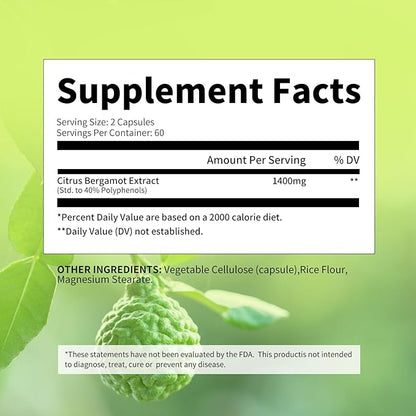 Organic Citrus Bergamot 1400mg, 120 Capsules - 25:1 Citrus Bergamia - Essential Oil and Citrus Bioflavonoids - Natural Heart Health Supplements for Women and Men - Non-GMO Pills