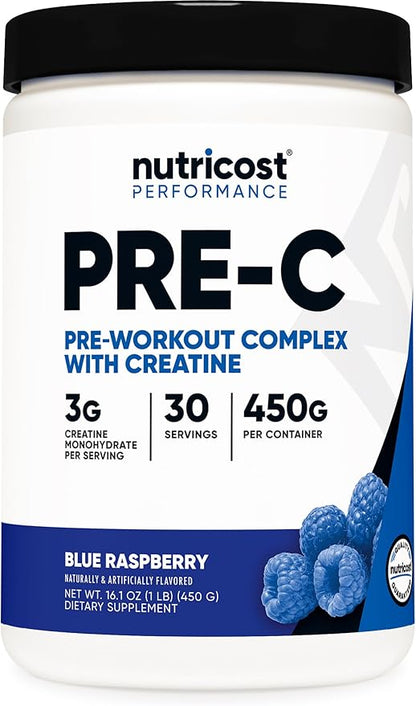 Nutricost Pre-C Pre-Workout Complex with Creatine (Blue Rasberry | 30 Servings) Powder - Boost Fintess Routines, 450g