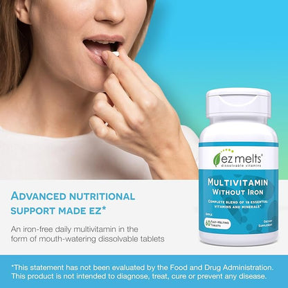EZ Melts Dissolvable Multivitamin Without Iron, 18 Vitamins & Minerals Including Vitamin A, Biotin, Vitamin B12, Vitamin C, Vitamin D3, Zinc and More, Sugar-Free, 1-Month Supply