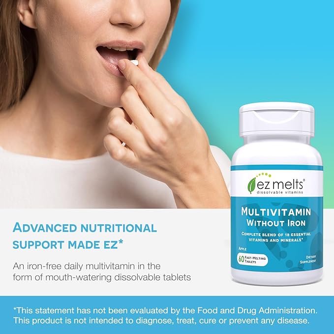 EZ Melts Dissolvable Multivitamin Without Iron, 18 Vitamins & Minerals Including Vitamin A, Biotin, Vitamin B12, Vitamin C, Vitamin D3, Zinc and More, Sugar-Free, 1-Month Supply
