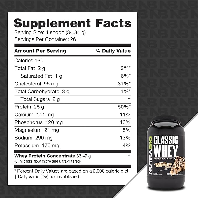 NutraBio Classic Whey Protein Powder- Full-Spectrum Amino Acid Profile - No Fillers, Artificial Colors, Preservatives - Low Glycemic Index - (Chocolate Peanut Butter, 2 Pounds)