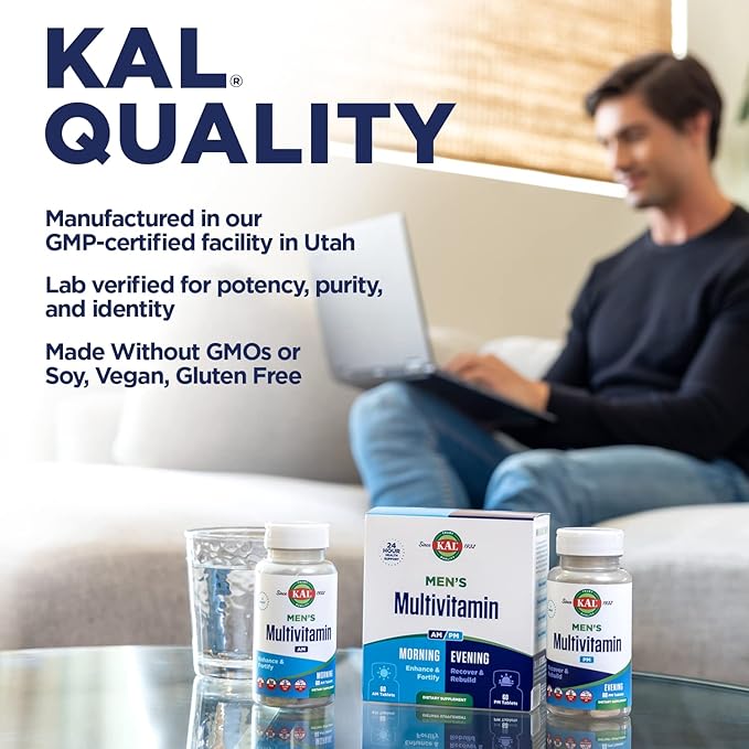 KAL Men's Multivitamin AM/PM, Antioxidants Supplement, Muscle, Immune, Electrolyte Balance, Overall Wellness Support, Made Without GMOs and Soy, Vegan, 30 Servings, 120 Tablets