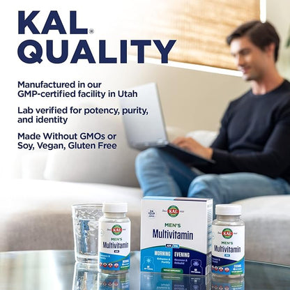 KAL Men's Multivitamin AM/PM, Antioxidants Supplement, Muscle, Immune, Electrolyte Balance, Overall Wellness Support, Made Without GMOs and Soy, Vegan, 30 Servings, 120 Tablets