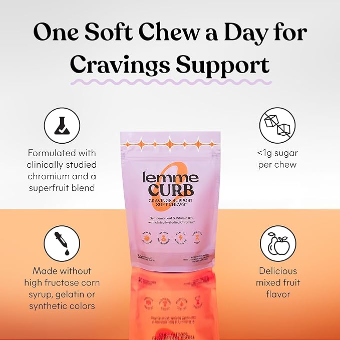 Lemme Curb Cravings Soft Chews - Reduce Appetite, Support Healthy Diet, Metabolism & Lean Body w/Clinically Studied Chromium, Gymnema & B12, No Added Sugar, Mixed Berry, 30 Count (Month Supply)