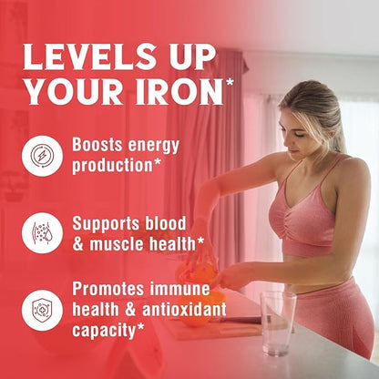 Iron Supplement 65mg with Vitamin C, Stomach Friendly Carbonyl Iron, High Absorption, Once Daily, Supports Red Blood Cell Production, Gluten Free, Non-GMO, 90 Tablets