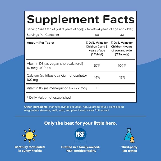 Renzo's Hercules Calcium Supplement with Vitamin D3 & K2 - Dissolvable - for Ages 2+ - Kids Vitamins - 60 Grape-Flavored Melty Tabs