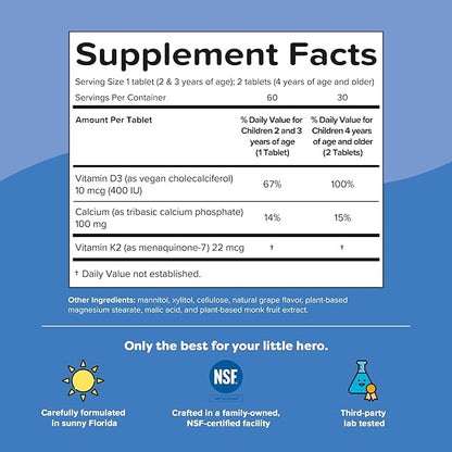 Renzo's Hercules Calcium Supplement with Vitamin D3 & K2 - Dissolvable - for Ages 2+ - Kids Vitamins - 60 Grape-Flavored Melty Tabs