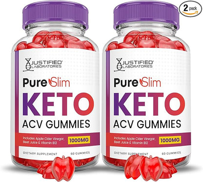 (2 Pack) Pure Slim Keto ACV Gummies Advanced Formula 1000MG PureSlim Keto Gummies Apple Cider Vinegar Formulated with Pomegranate Beet Juice Powder B12 Vegan Non GMO 120 Gummys