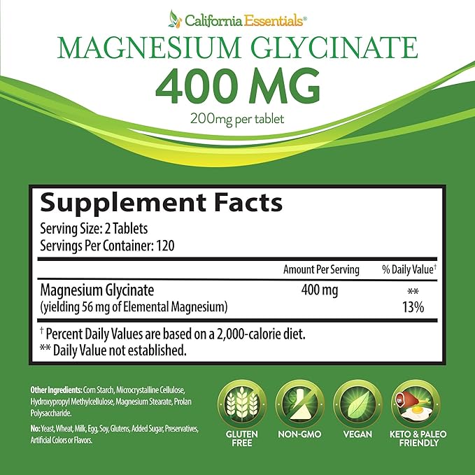 Magnesium Glycinate 400 - Chelated, High Absorption Magnesium for Muscle Relief, Bone & Heart Support -Vegan, Non-GMO, Gluten-Free 240 Tablets (Servings 120, Serving Size (2) 200mg Tablets)