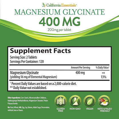 Magnesium Glycinate 400 - Chelated, High Absorption Magnesium for Muscle Relief, Bone & Heart Support -Vegan, Non-GMO, Gluten-Free 240 Tablets (Servings 120, Serving Size (2) 200mg Tablets)