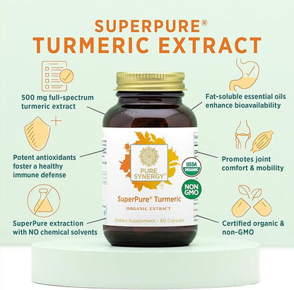 Pure Synergy SuperPure Turmeric Extract | Organic Turmeric Curcumin Supplement | 500 mg Turmeric Extract Capsules | Potent Support for Immune and Joint Health (60 Capsules)
