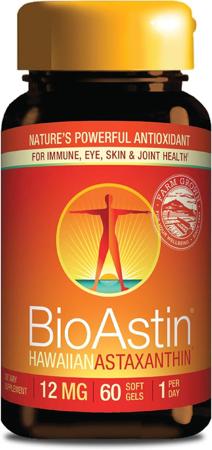 Nutrex Hawaii BioAstin Hawaiian Astaxanthin - 12mg, 60 Softgels - Farm-Direct Premium Antioxidant Supplement to Support Eye, Skin, Joint & Immune System Health - Non-GMO & Gluten-Free