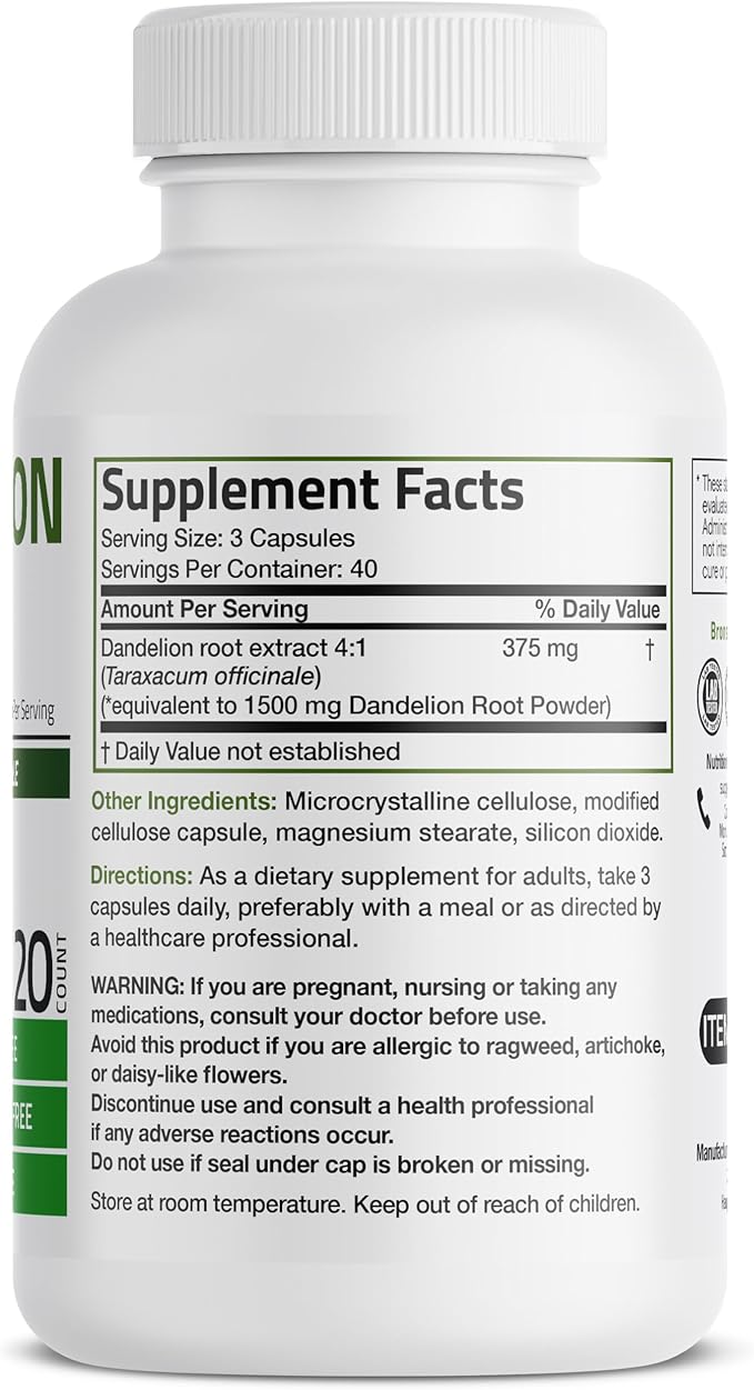 Bronson Dandelion Root High Potency Supplement, Supports Overall Good Health & Well-Being, Traditional Diuretic Herb - Non-GMO, 120 Vegetarian Capsules