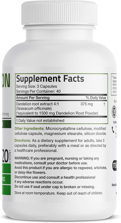 Bronson Dandelion Root High Potency Supplement, Supports Overall Good Health & Well-Being, Traditional Diuretic Herb - Non-GMO, 120 Vegetarian Capsules