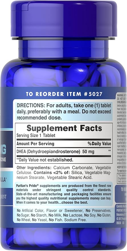 Puritan's Pride Youth Guard™ DHEA for Women and Men 50mg, Dietary Supplement forHealthy Aging, 3 Month Supply, 100 Tablets