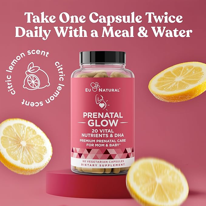 Glow Prenatal Vitamins for Women – 20-in-1 Vital Nutrients for Healthy Pregnancy and Fetal Development – Folic Acid & Vegan DHA For Baby's Growth & A Comfortable Pregnancy – 60 Nourishing Capsules