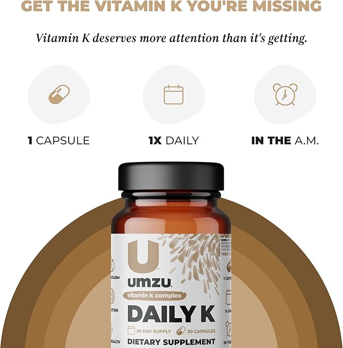 UMZU Daily K | Vitamin K Complex with K1, MK4 & MK7 | Support Bones, Cardiovascular Function, Blood Flow & Cognition w/Liquid D3 (30 Day Supply | 30 Capsules)