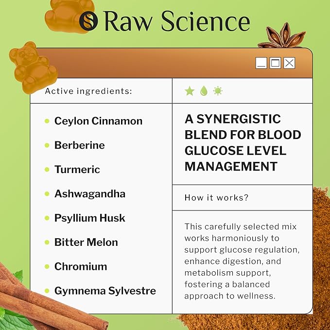 S RAW SCIENCE Sugar Free Berberine Gummies with Ceylon Cinnamon 2000mg - Blood Support - Ashwagandha, Turmeric, Chromium, Psyllium Husk Powder, Gymnema Sylvestre - 60 Fiber Gummies