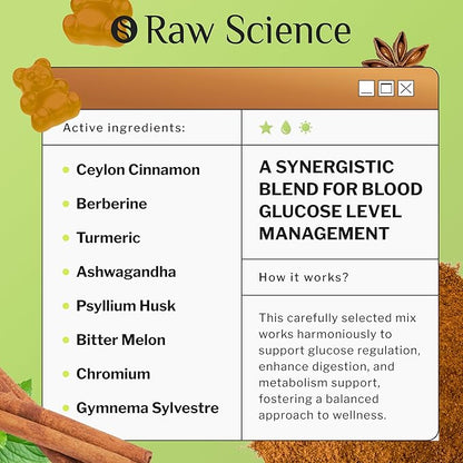 S RAW SCIENCE Sugar Free Berberine Gummies with Ceylon Cinnamon 2000mg - Blood Support - Ashwagandha, Turmeric, Chromium, Psyllium Husk Powder, Gymnema Sylvestre - 60 Fiber Gummies