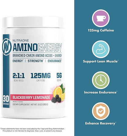 NutraOne Amino Energy BCAA Powder Pre-Workout Supplement with Caffeine Branched Chain Amino Acids to Help Fuel and Recover* (Strawberry Watermelon - 30 Servings)