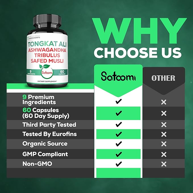 Satoomi Tongkat Ali Root Extract 200:1-9 Essential Herbs with Ashwagandha, Tribulus Terrestris & More - Support Strength, Energy and Healthy Immune - 60 Vegan Caps 2 Month Supply