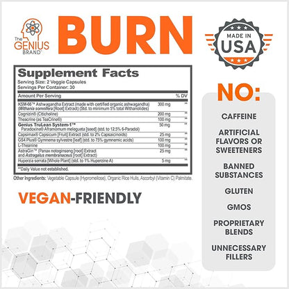 Genius Thermogenic Fat Burner, 60 Diet Veggie Pills - Weight Loss & Metabolism Supplement, Appetite Suppressant & Energy Booster - Caffeine-Free Nootropic Focus & Brain Boost - Ashwagandha & TeaCrine