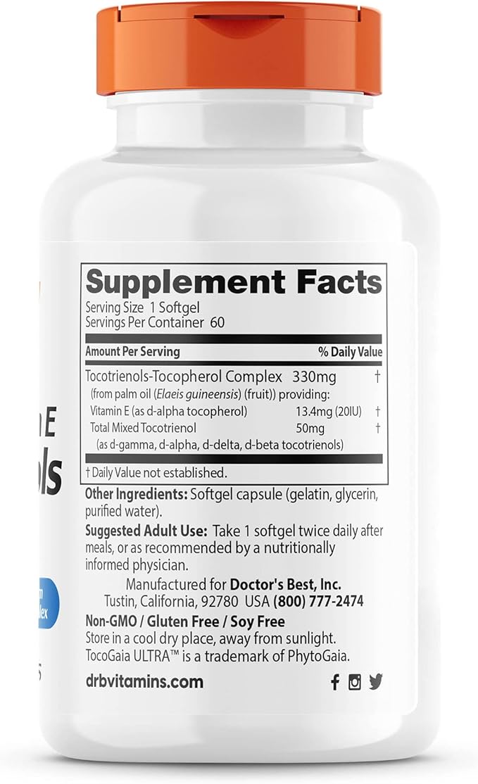 Doctor's Best Vitamin E Tocotrienols contains TocoGaia ULTRA™ bioenhanced full spectrum vitamin E complex, 60 Count