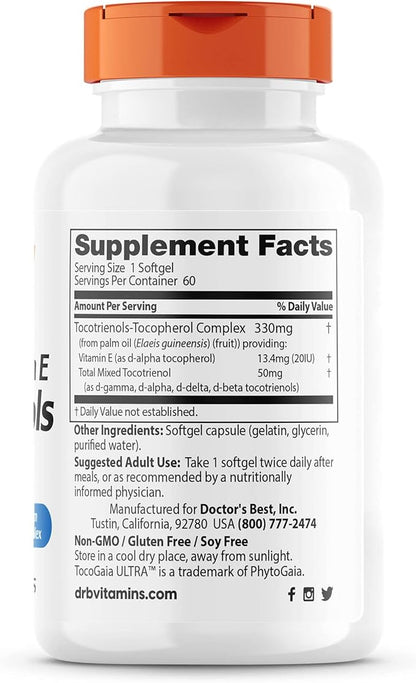 Doctor's Best Vitamin E Tocotrienols contains TocoGaia ULTRA™ bioenhanced full spectrum vitamin E complex, 60 Count
