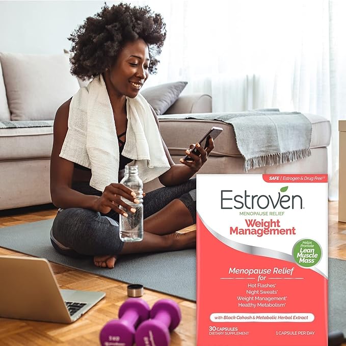 Estroven Weight Management for Menopause Relief - 60 Ct. - Clinically Proven Ingredients Help Manage Weight, Provide Night Sweats & Hot Flash Relief - Drug-Free & Gluten-Free