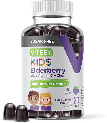 Sambucus Elderberry Gummies for Kids - Sugar Free - Immune Support Supplements with Vitamin C & Zinc, [3-1 Immune Booster] Vegan, Gelatin Free, Gluten Free - Tasty Chewable Berry Flavored Gummy